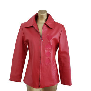 Women's Andrade Red Leather Jacket With Embordered Heart Design Sz M